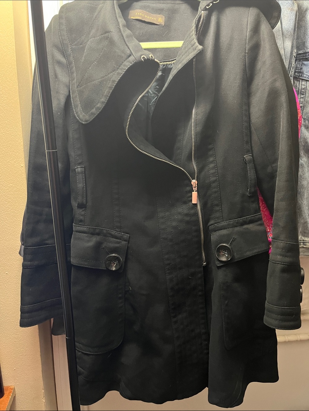 Zara Black Trench Coat with Asymmetrical Zip and Flap Pockets